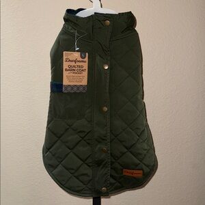 NWT Dearfoams Olive Quilted Barn Dog Coat With Pocket Tartan Plaid Lining Size L